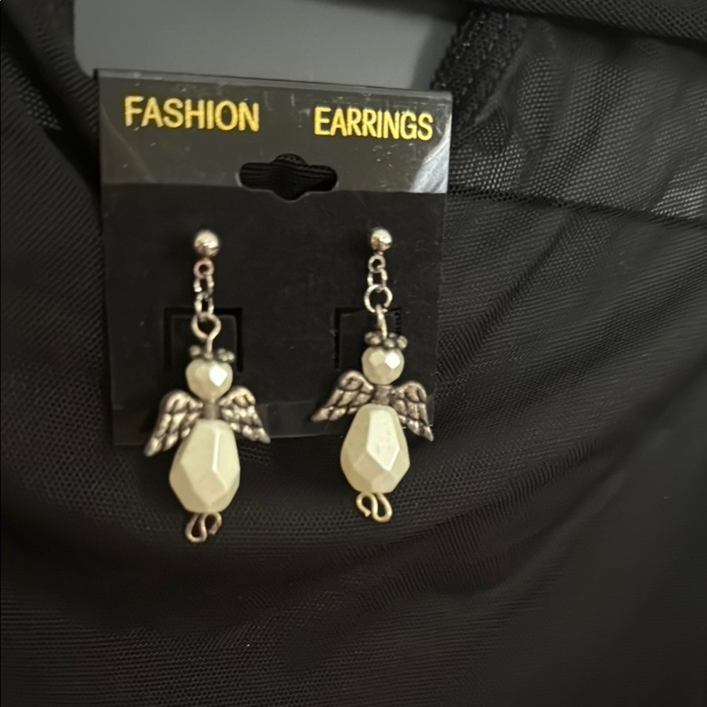 Angel Wing Silver and Cream Earrings